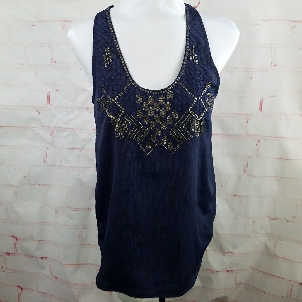 3/$25 Ecote blue tank sequins bronze detail medium